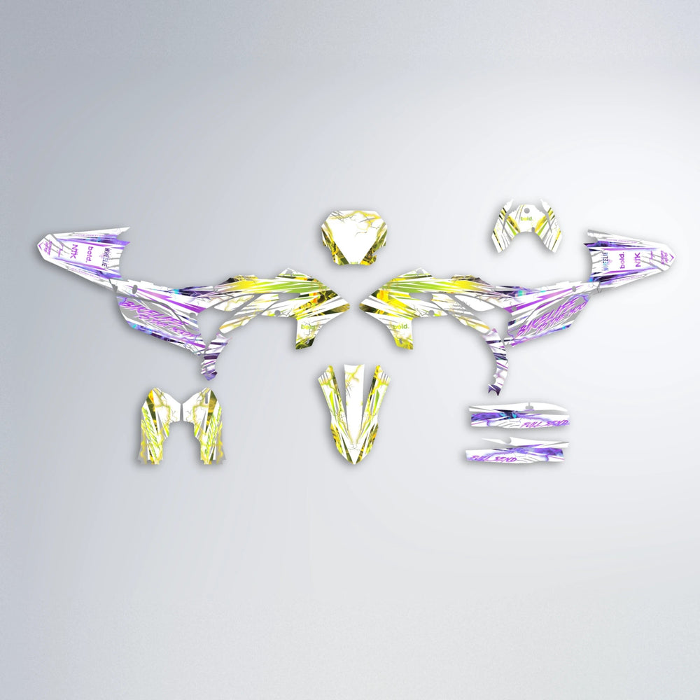 DIVINE Yamaha YZF MX graphics kit parts layout in Purple & Yellow