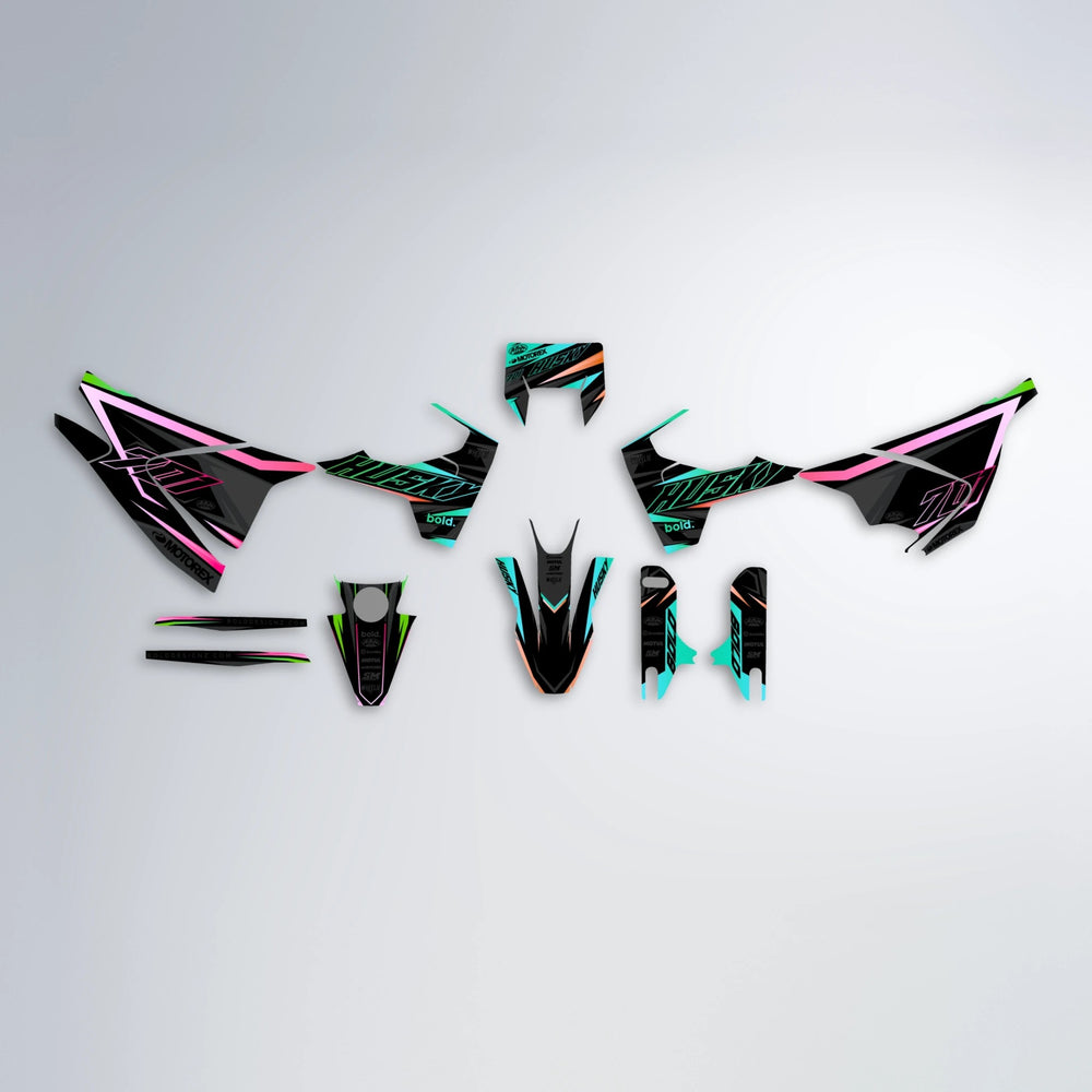 DORTOS Husqvarna 701 graphics kit parts layout in Cyan & Green