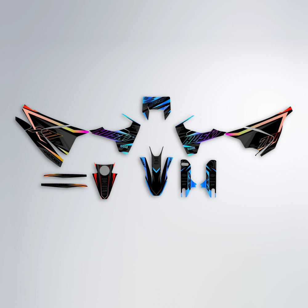 DORTOS Husqvarna 701 graphics kit parts layout in Sunset Fade