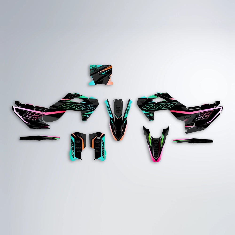 DORTOS Husqvarna FE/TE graphics kit parts layout in Cyan & Green