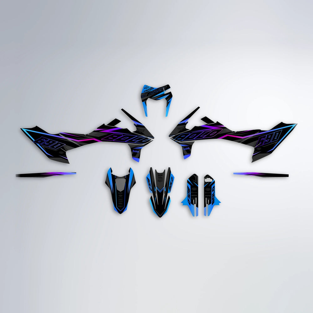 DORTOS KTM SMC 690 graphics kit parts layout in Blue Purple Fade