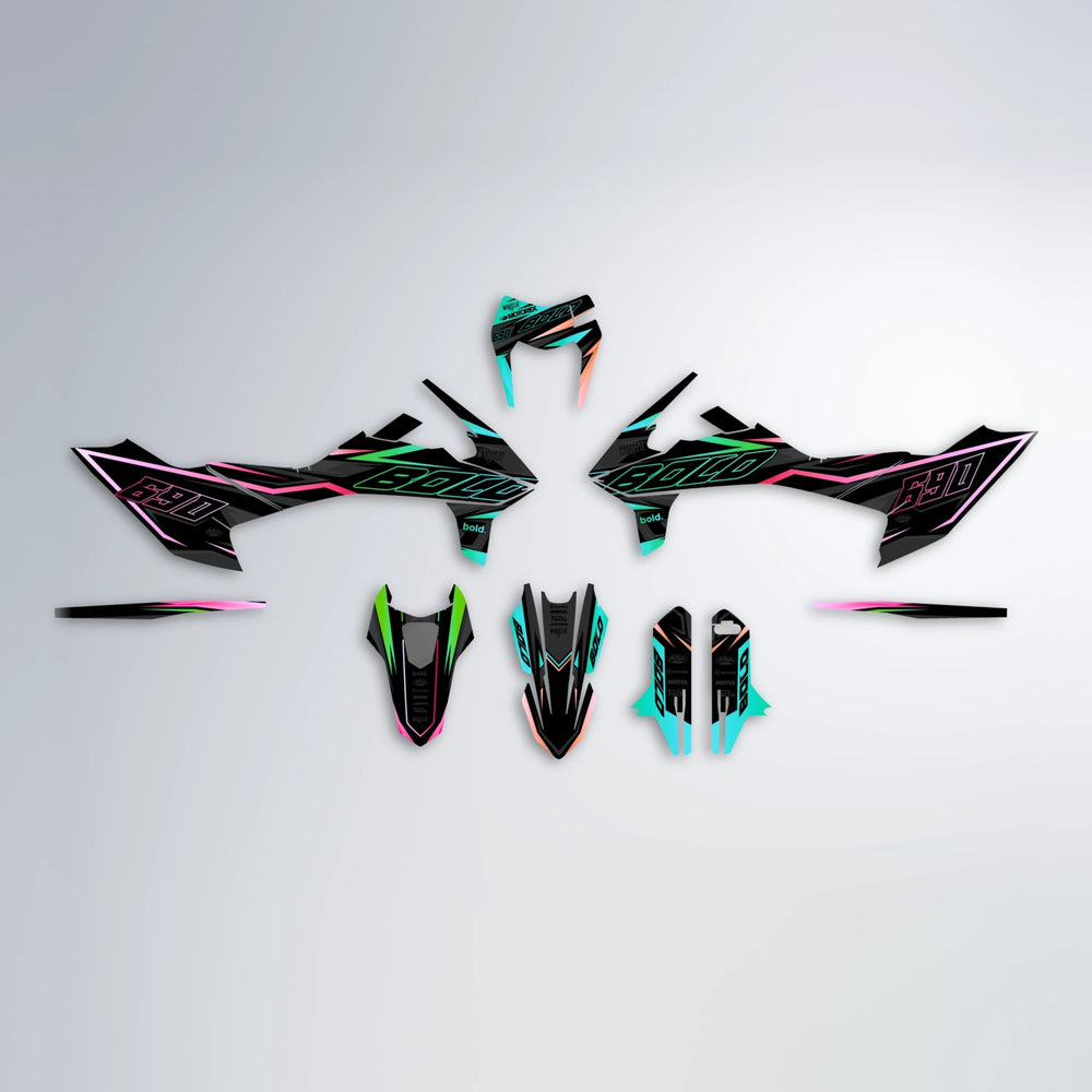 DORTOS KTM SMC 690 graphics kit parts layout in Cyan & Green