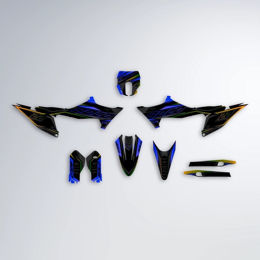 DORTOS Stark Varg MX graphics kit parts layout in Blue