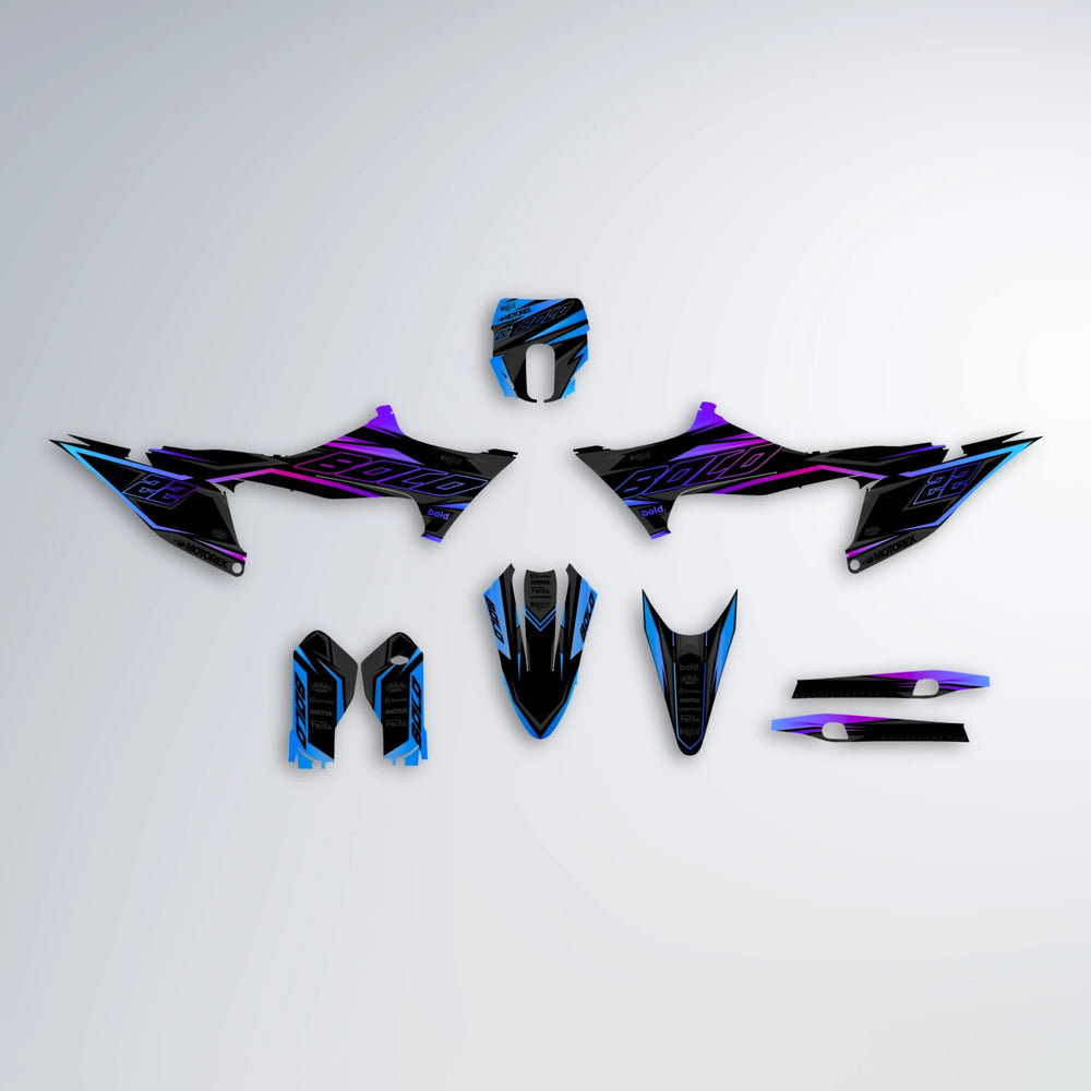 DORTOS Stark Varg MX graphics kit parts layout in Blue Purple Fade