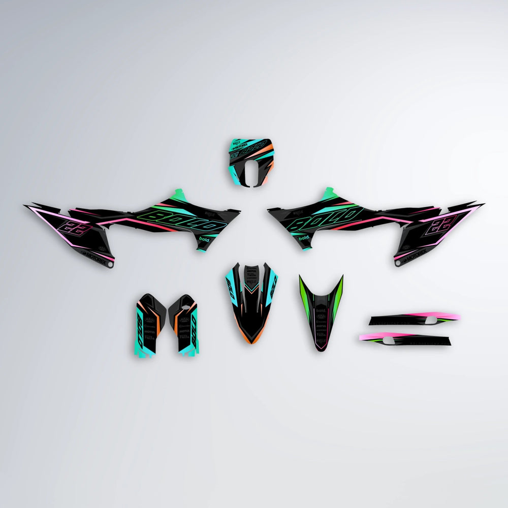DORTOS Stark Varg MX graphics kit parts layout in Cyan & Green