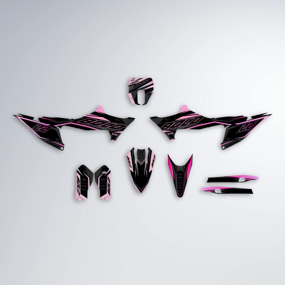 DORTOS Stark Varg MX graphics kit parts layout in Flamingo
