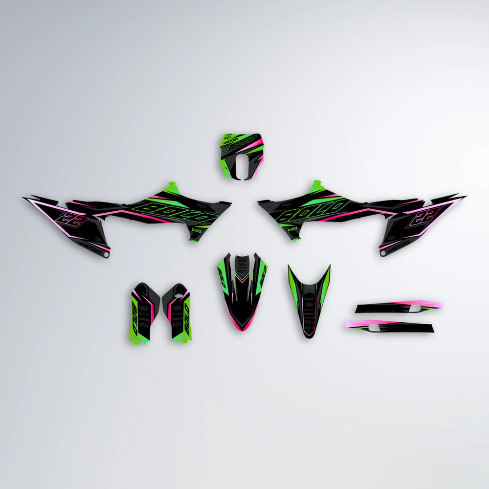 DORTOS Stark Varg MX graphics kit parts layout in Green