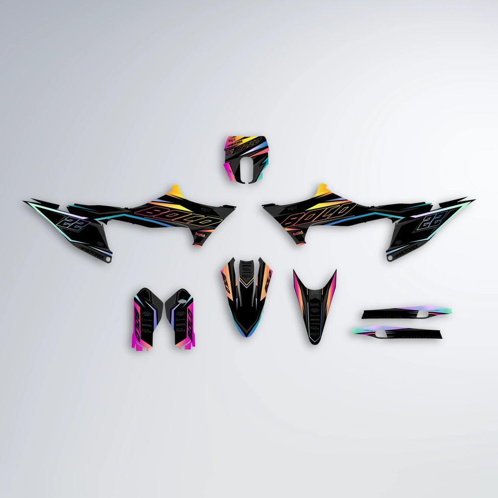 DORTOS Stark Varg MX graphics kit parts layout in Pink & Yellow