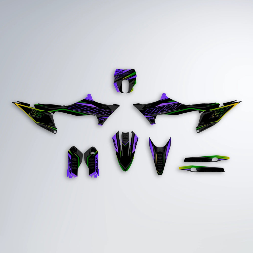 DORTOS Stark Varg MX graphics kit parts layout in Purple