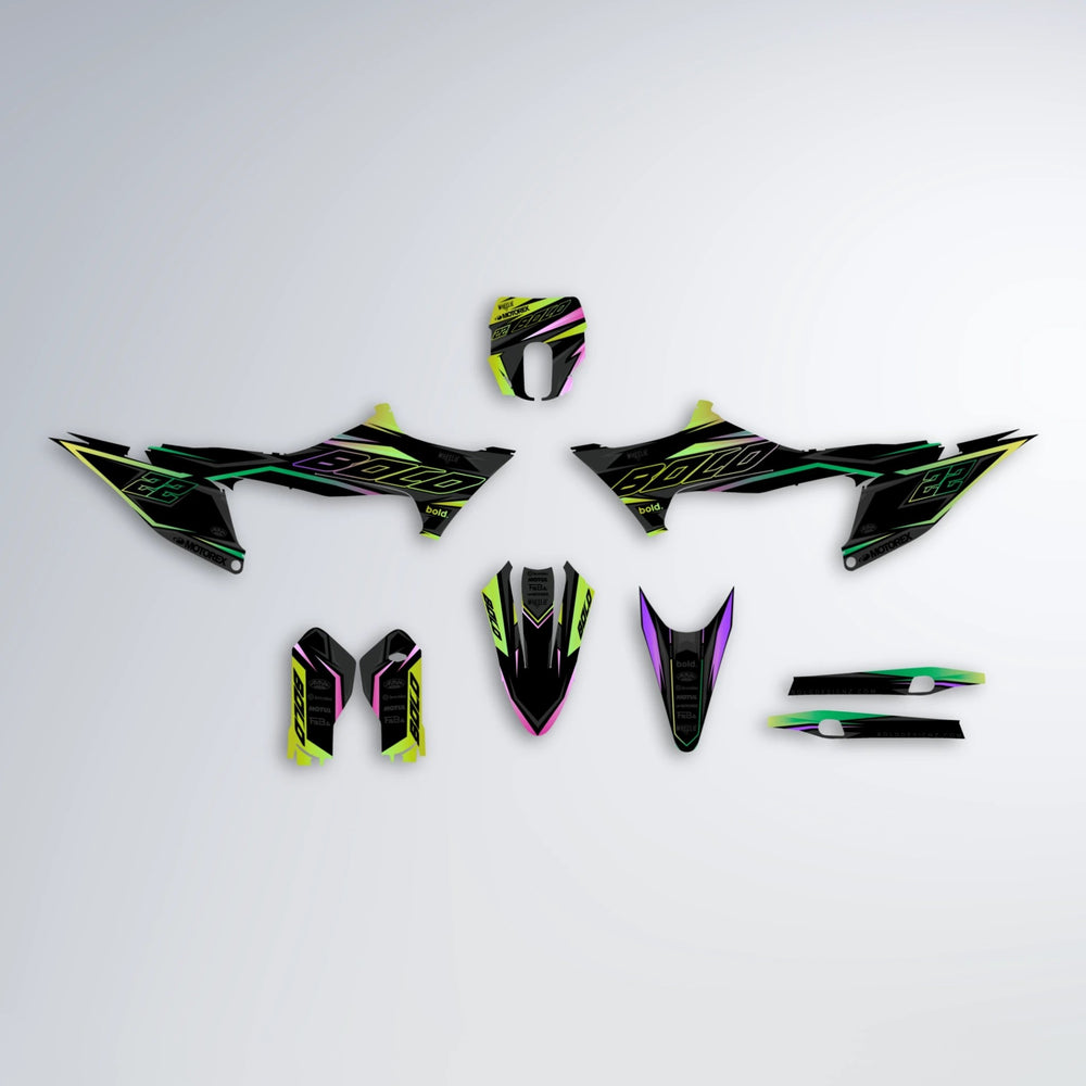 DORTOS Stark Varg MX graphics kit parts layout in Purple & Yellow