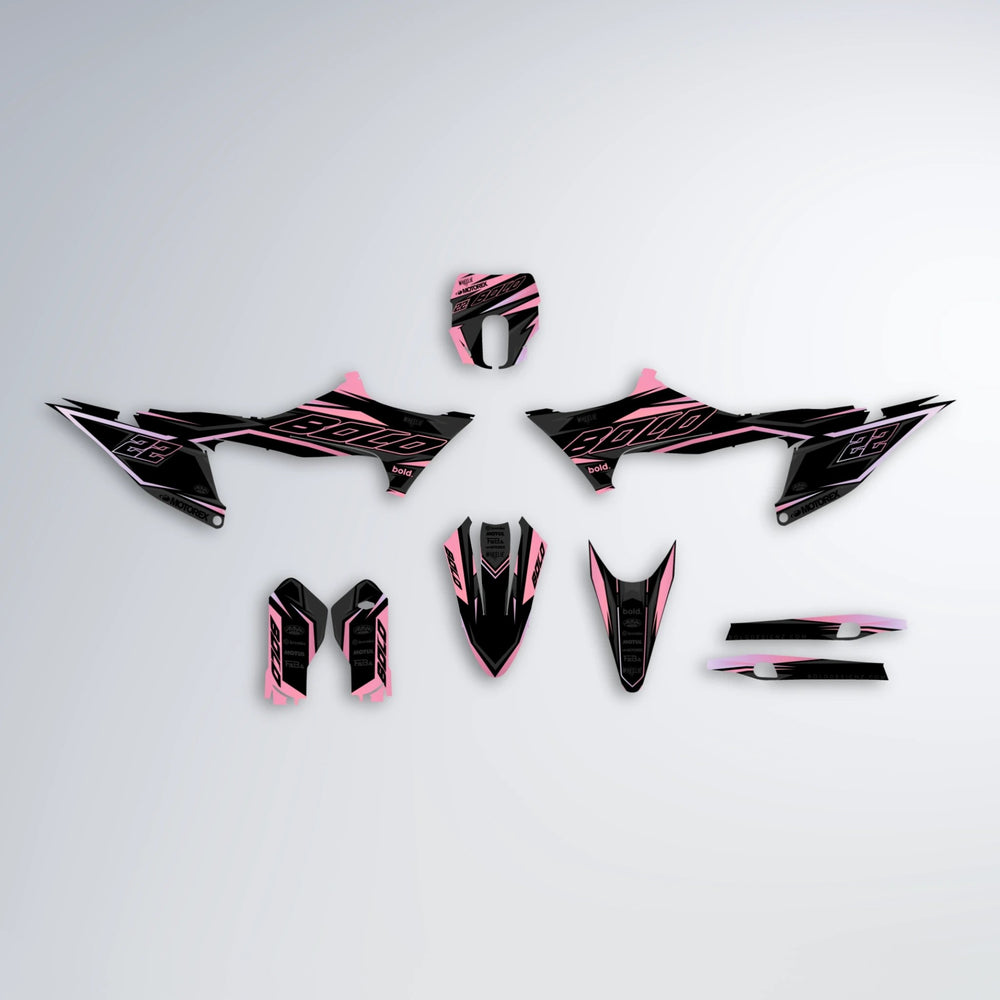 DORTOS Stark Varg MX graphics kit parts layout in Sakura Pink