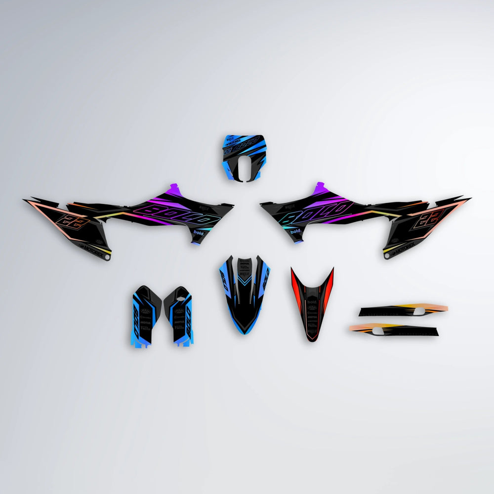 DORTOS Stark Varg MX graphics kit parts layout in Sunset Fade