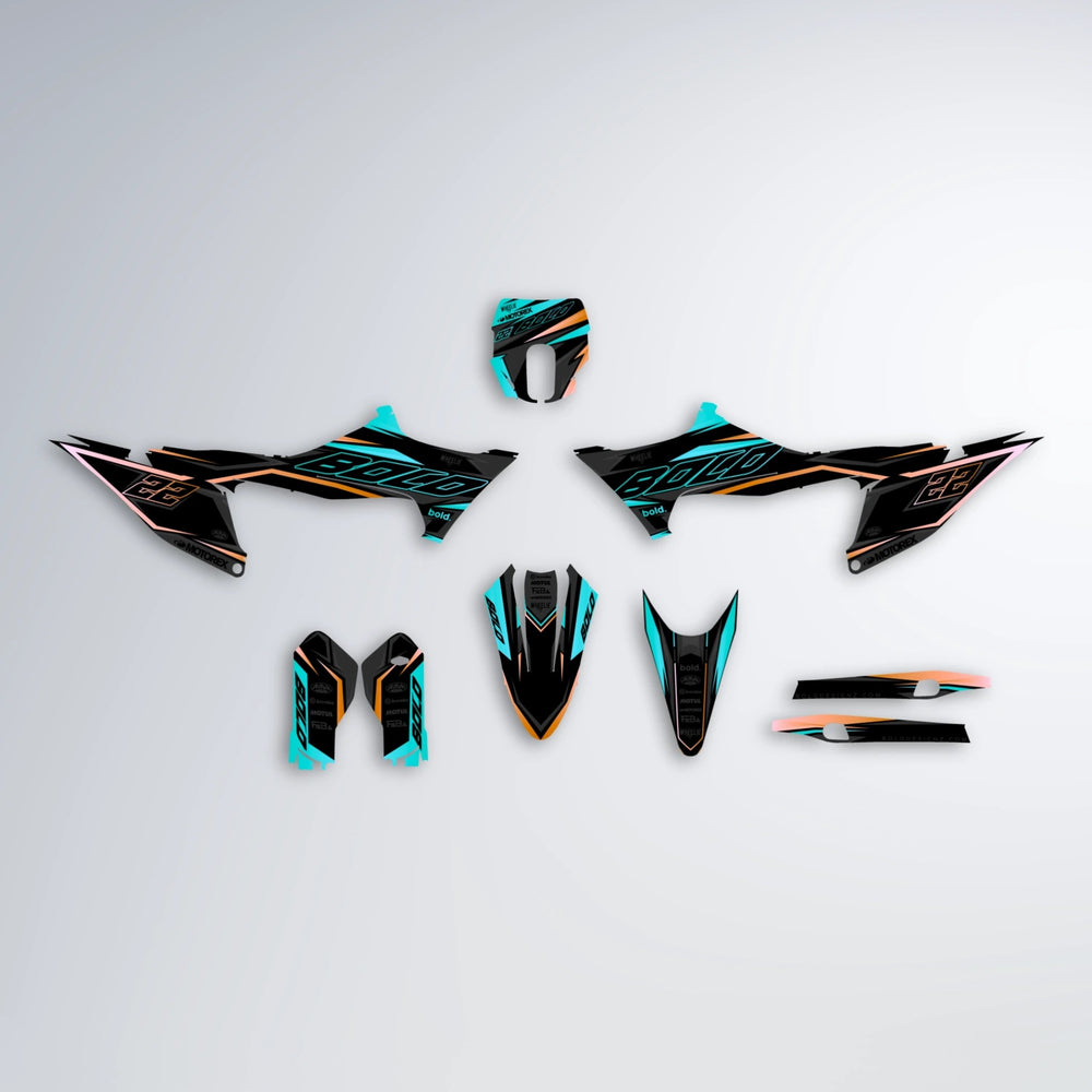 DORTOS Stark Varg MX graphics kit parts layout in Teal