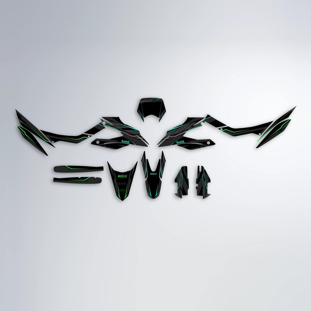 DRIFT Aprilia SX 125 graphics kit parts layout in Cyan & Green