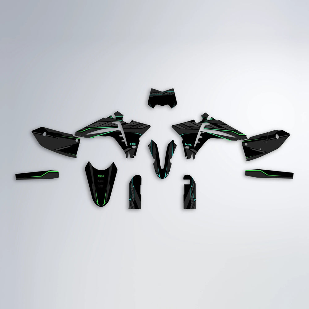 DRIFT Fantic graphics kit parts layout in Cyan & Green