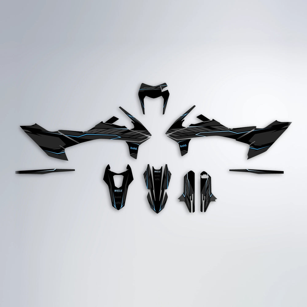 DRIFT KTM SMC 690 graphics kit parts layout in Light Blue & White