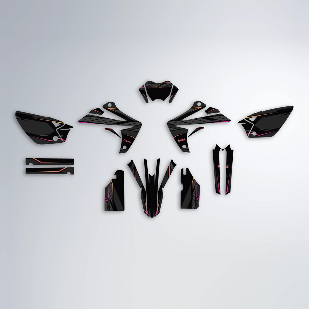 DRIFT Rieju MRT graphics kit parts layout in Pink & Yellow