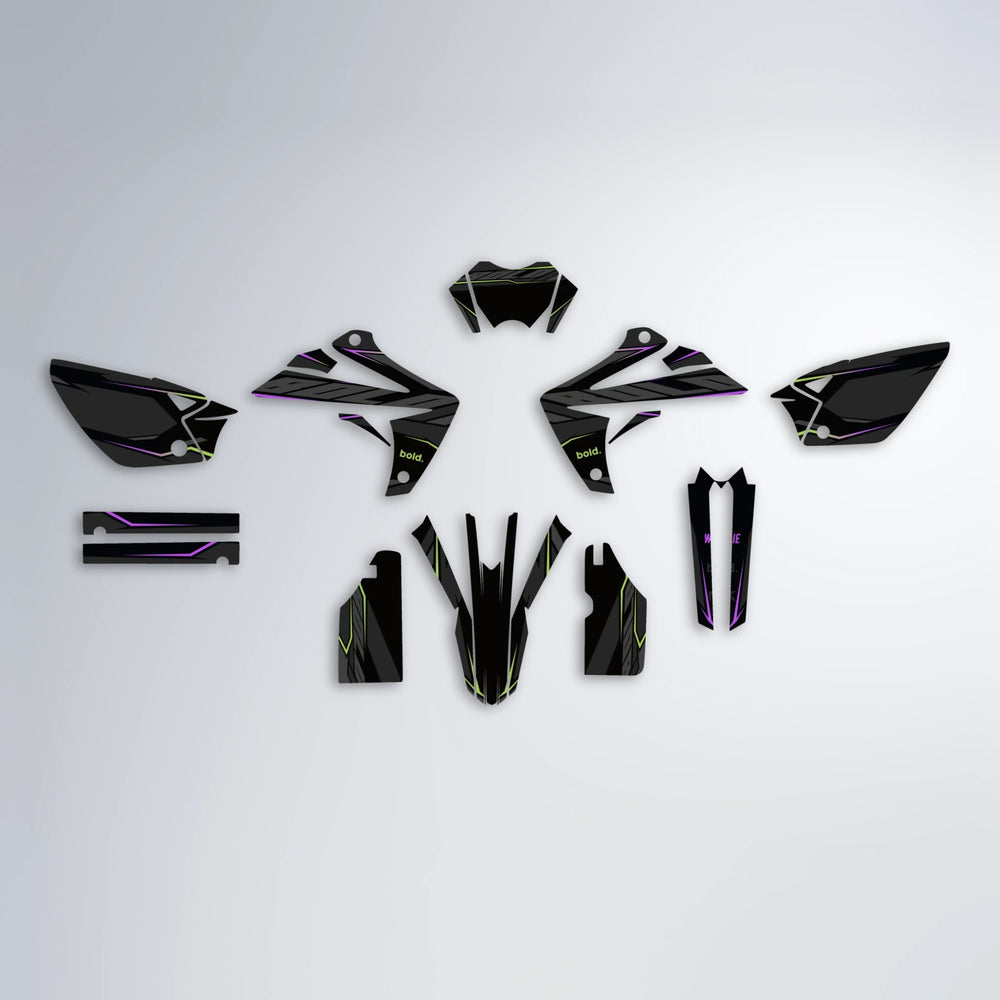 DRIFT Rieju MRT graphics kit parts layout in Purple & Yellow