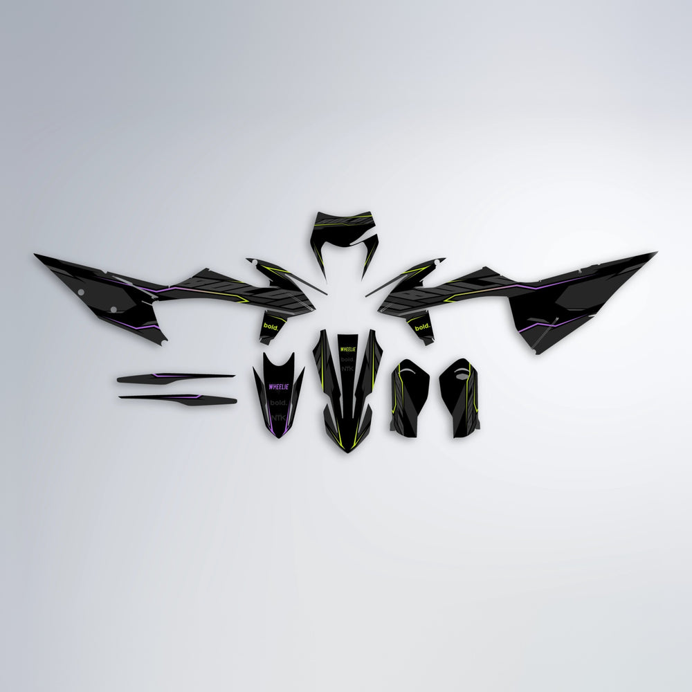 DRIFT graphics kit parts layout in Purple & Fluo Yellow