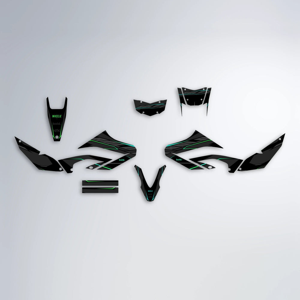 DRIFT Yamaha WR 125X graphics kit parts layout in Cyan & Green