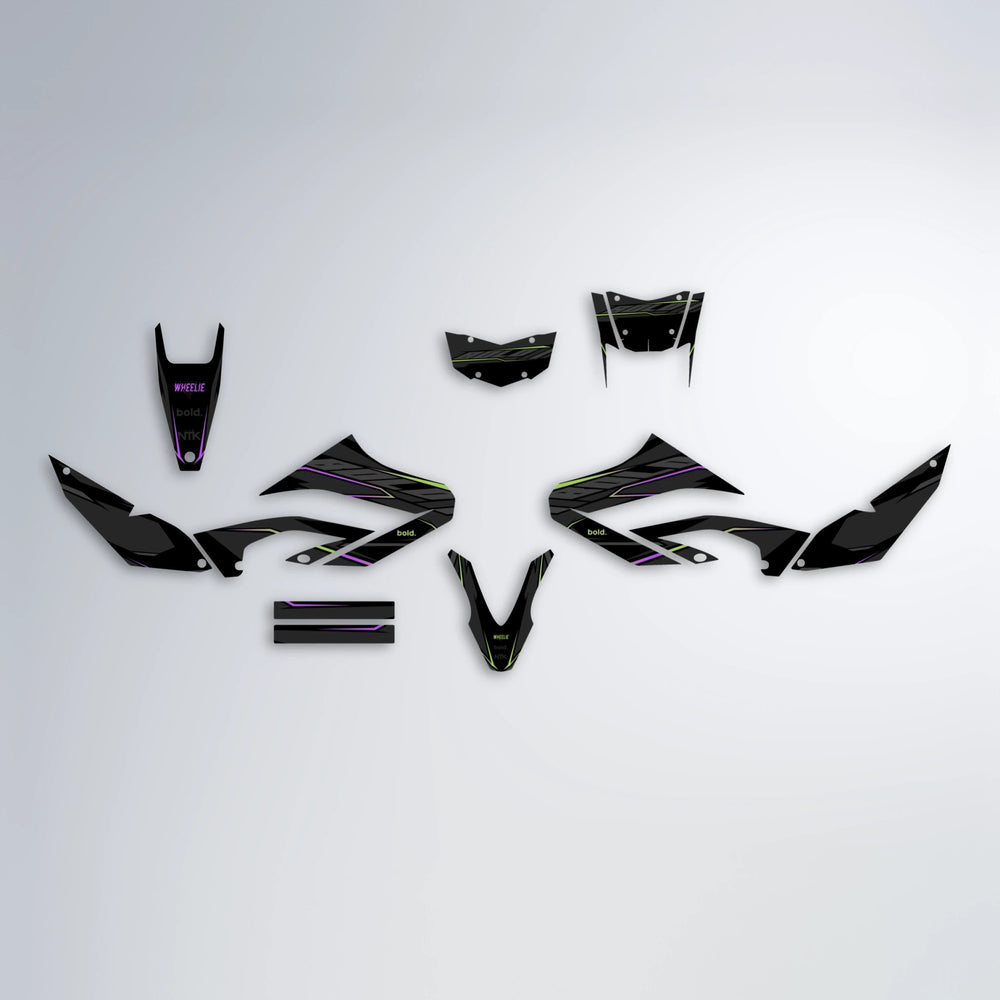 DRIFT Yamaha WR 125X graphics kit parts layout in Purple & Yellow