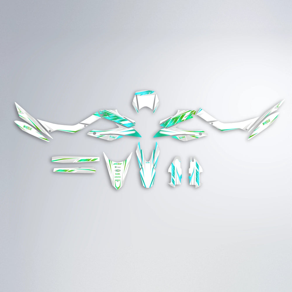EKKE Aprilia SX 125 graphics kit parts layout in Cyan & Green