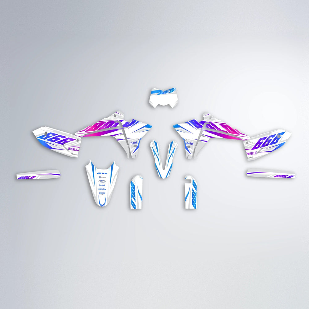 EKKE Fantic graphics kit parts layout in Blue Purple Fade