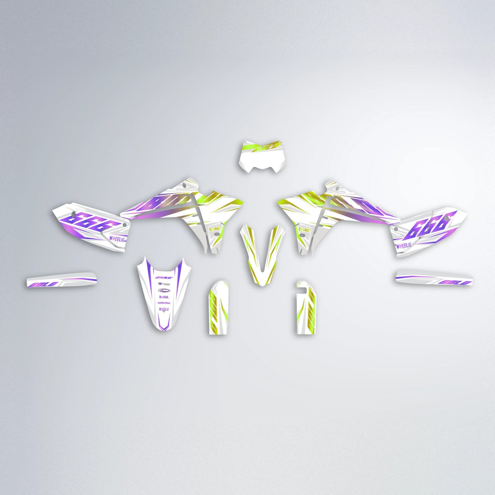 EKKE Fantic graphics kit parts layout in Purple & Yellow
