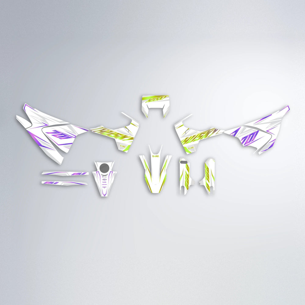 EKKE Husqvarna 701 graphics kit parts layout in Purple & Yellow