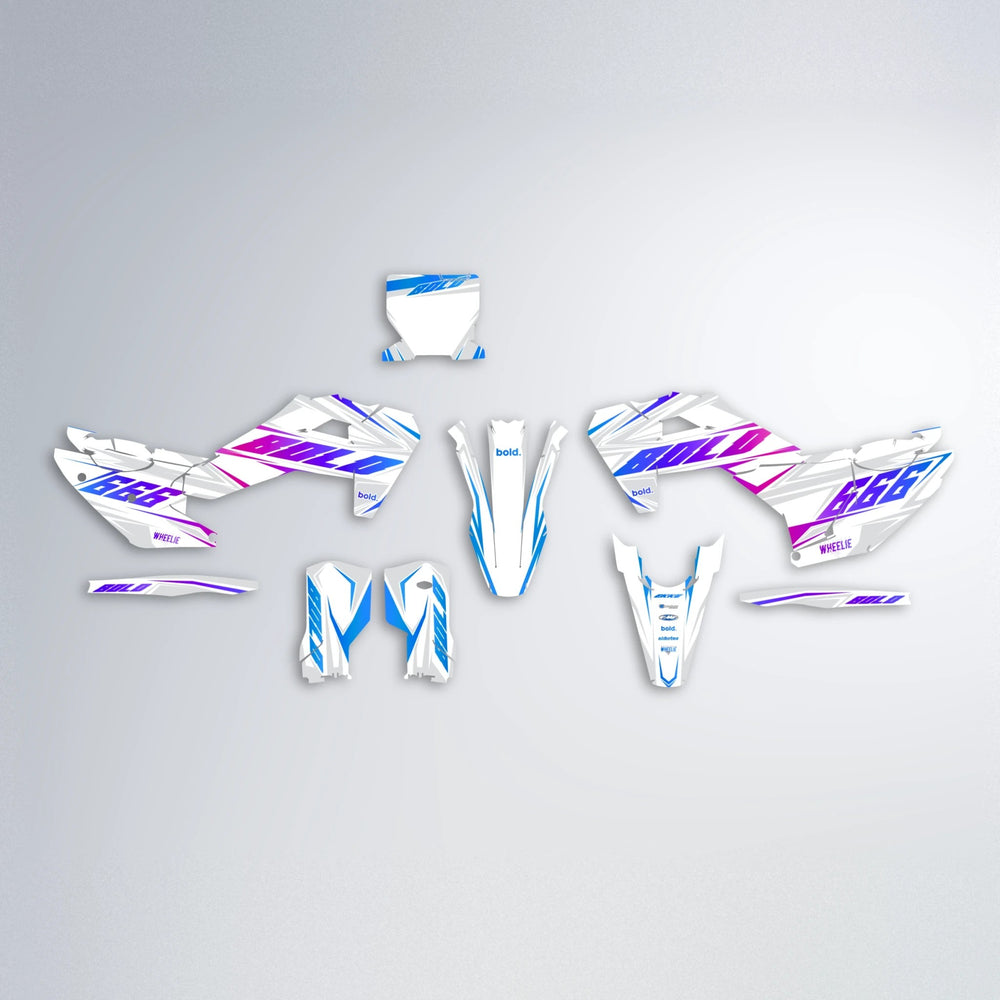 EKKE Husqvarna FE/TE graphics kit parts layout in Blue Purple Fade