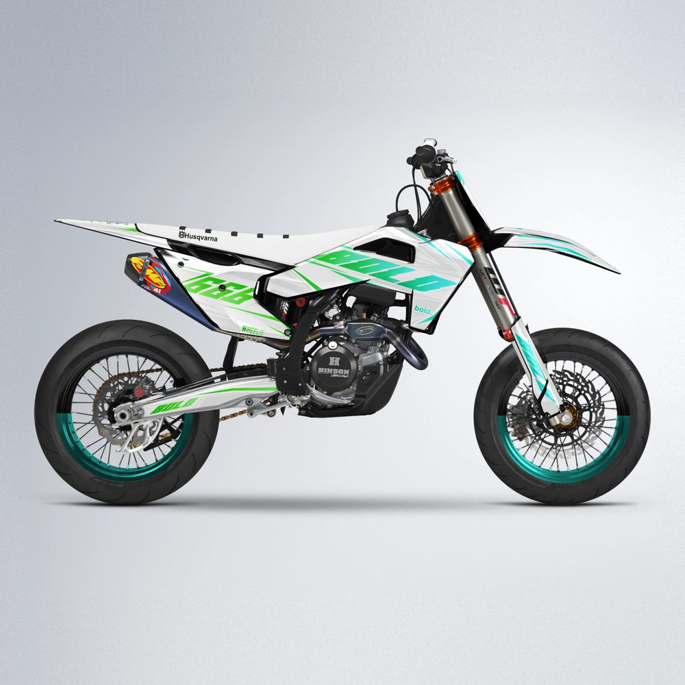EKKE Husqvarna FE/TE supermoto graphics kit in Cyan & Green