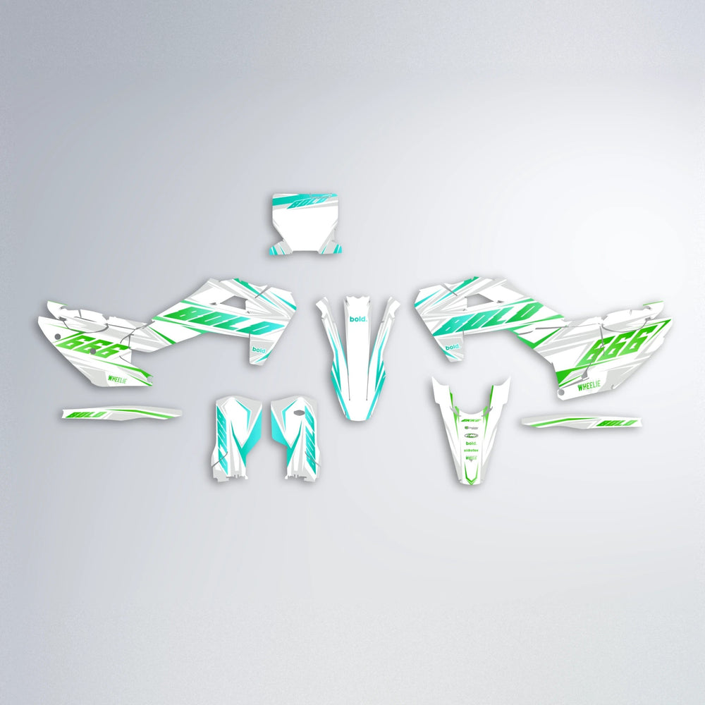 EKKE Husqvarna FE/TE graphics kit parts layout in Cyan & Green