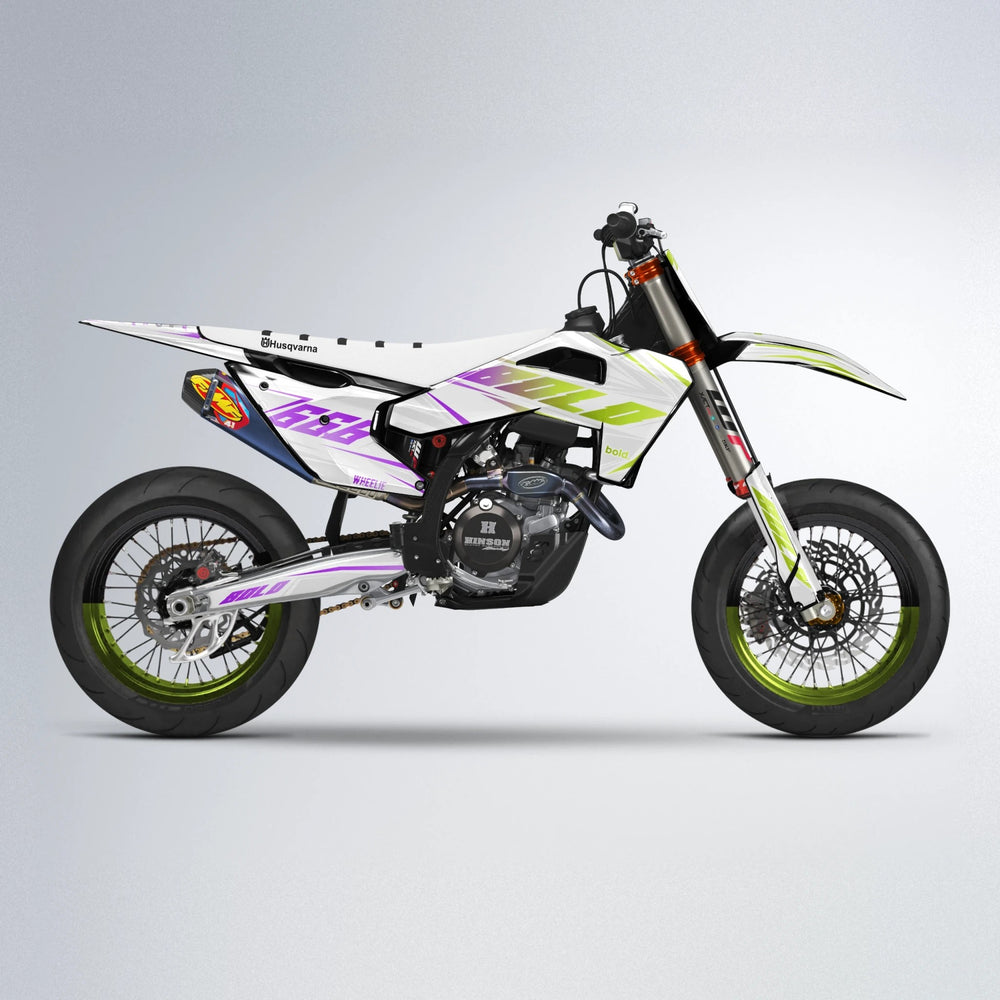 EKKE Husqvarna FE/TE supermoto graphics kit in Purple & Yellow