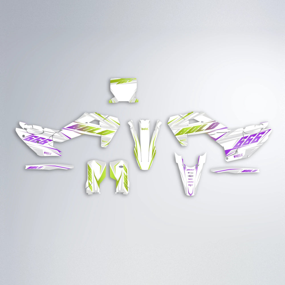 EKKE Husqvarna FE/TE graphics kit parts layout in Purple & Yellow
