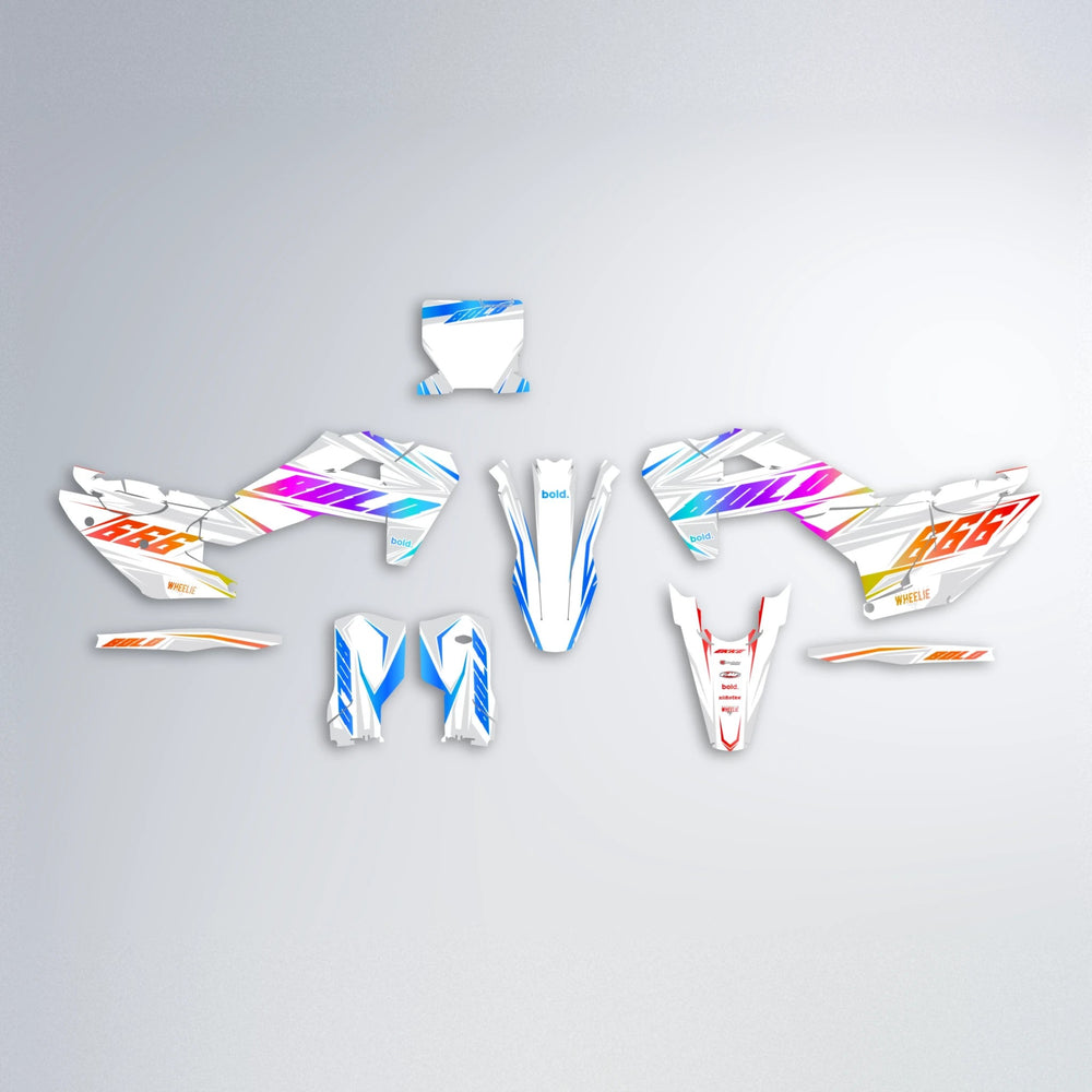 EKKE Husqvarna FE/TE graphics kit parts layout in Sunset Fade