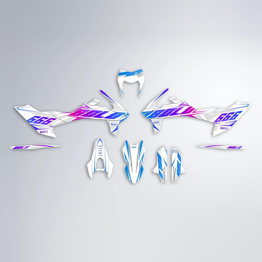 EKKE KTM SMC 690 graphics kit parts layout in Blue Purple Fade