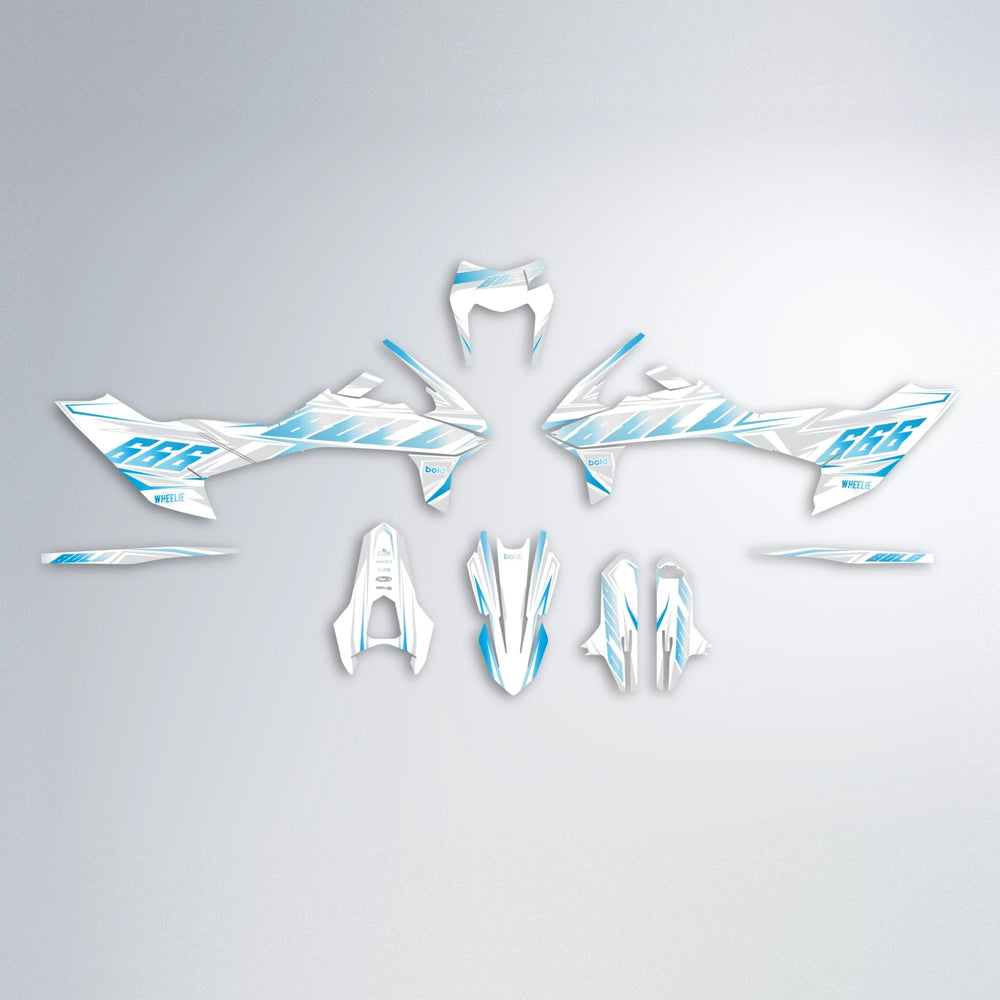 EKKE KTM SMC 690 graphics kit parts layout in Light Blue & White