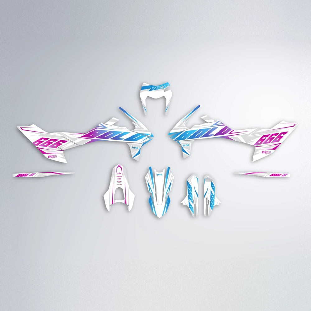 EKKE KTM SMC 690 graphics kit parts layout in Pink & Light Blue