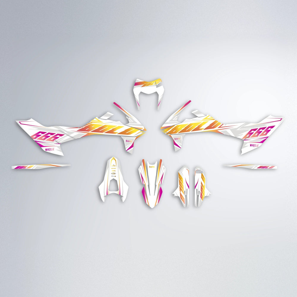 EKKE KTM SMC 690 graphics kit parts layout in Pink & Yellow