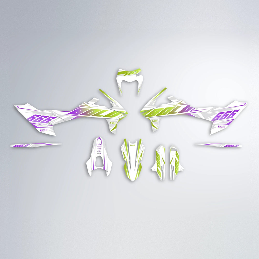EKKE KTM SMC 690 graphics kit parts layout in Purple & Yellow