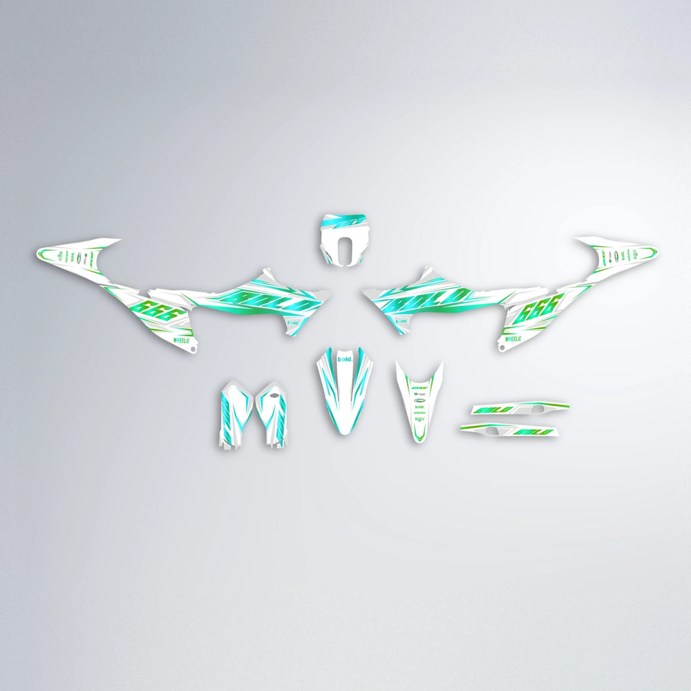 EKKE Stark Varg MX graphics kit parts layout in Cyan & Green