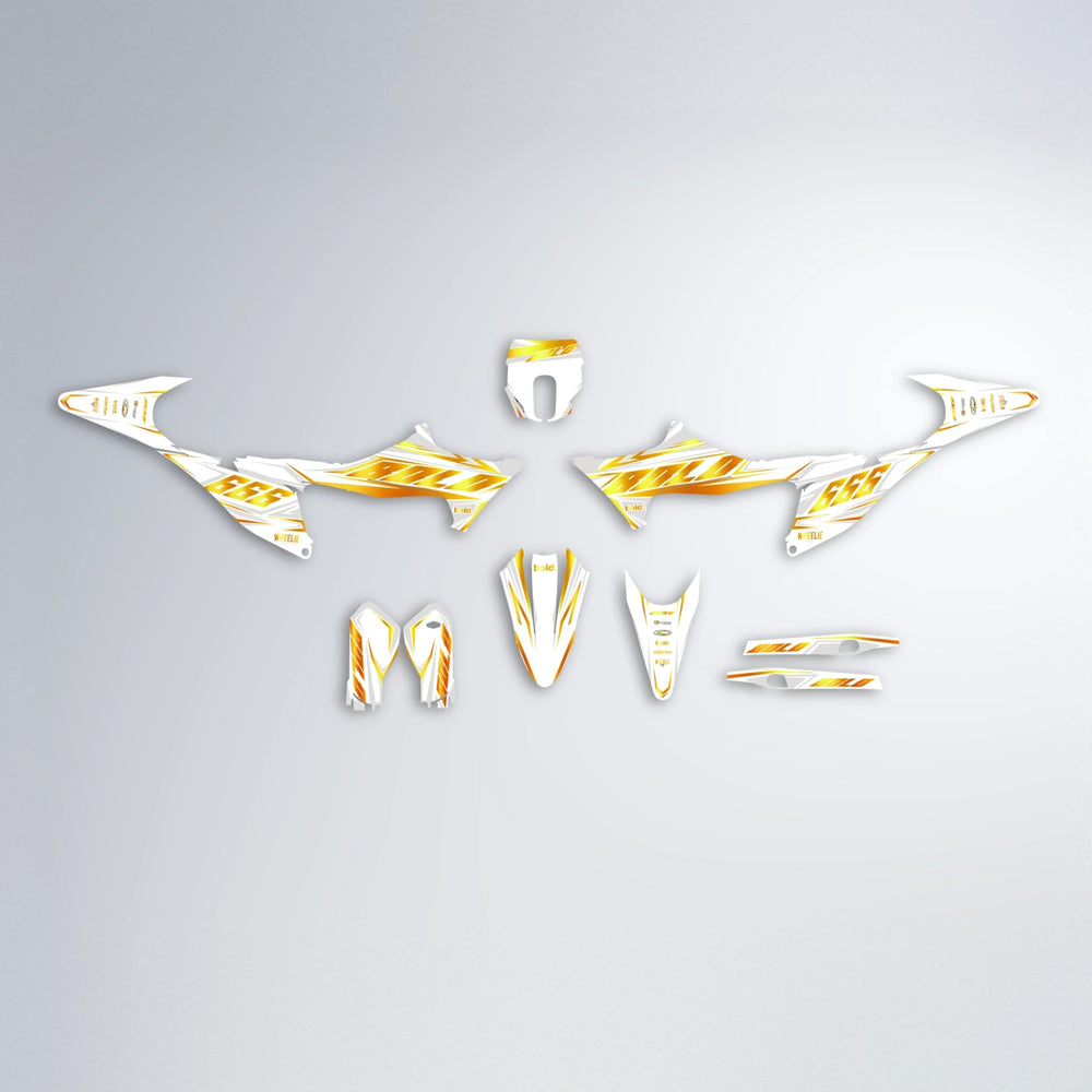 EKKE Stark Varg MX graphics kit parts layout in Orange & Yellow