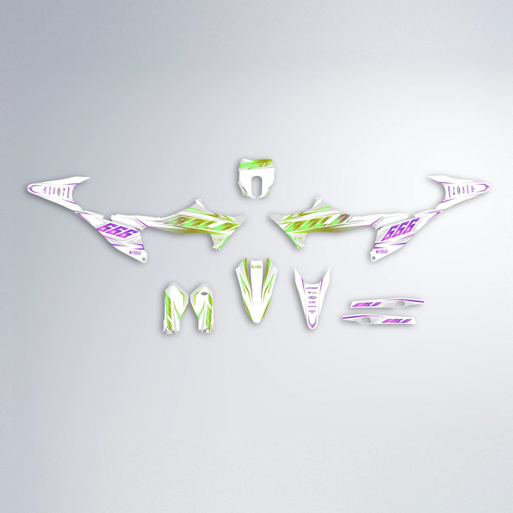 EKKE Stark Varg MX graphics kit parts layout in Purple & Yellow