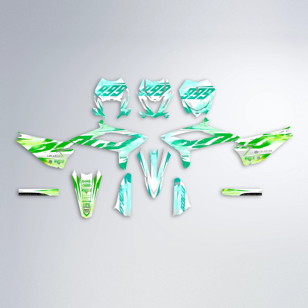 EKKE V2 Beta graphics kit parts layout in Cyan & Green