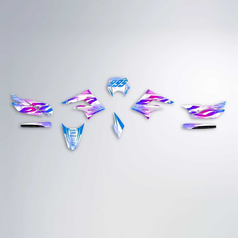 EKKE V2 Derbi Senda graphics kit parts layout in Blue Purple Fade