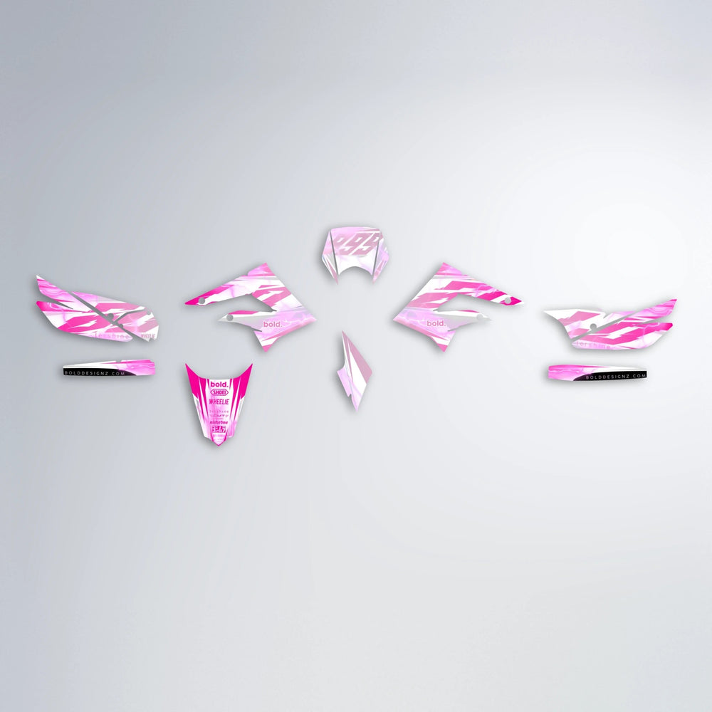 EKKE V2 Derbi Senda graphics kit parts layout in Flamingo