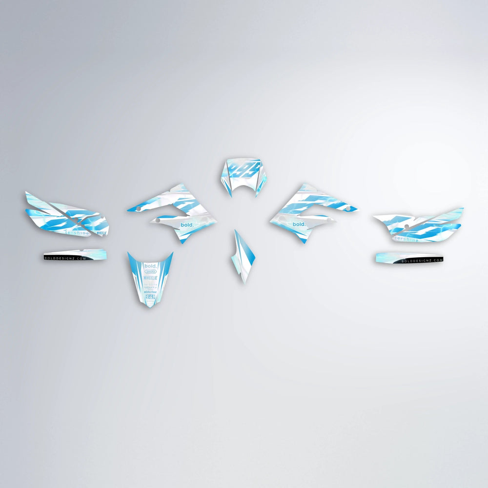 EKKE V2 Derbi Senda graphics kit parts layout in Light Blue & White