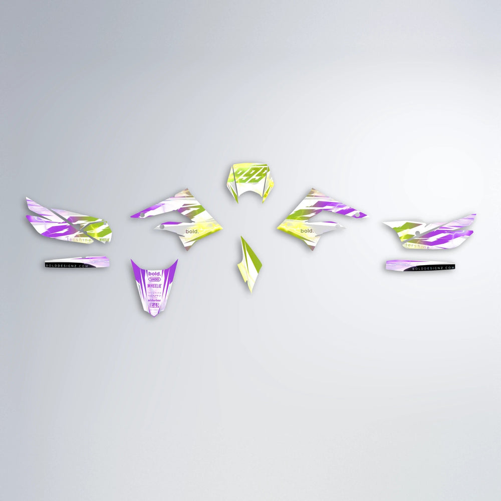EKKE V2 Derbi Senda graphics kit parts layout in Purple & Yellow