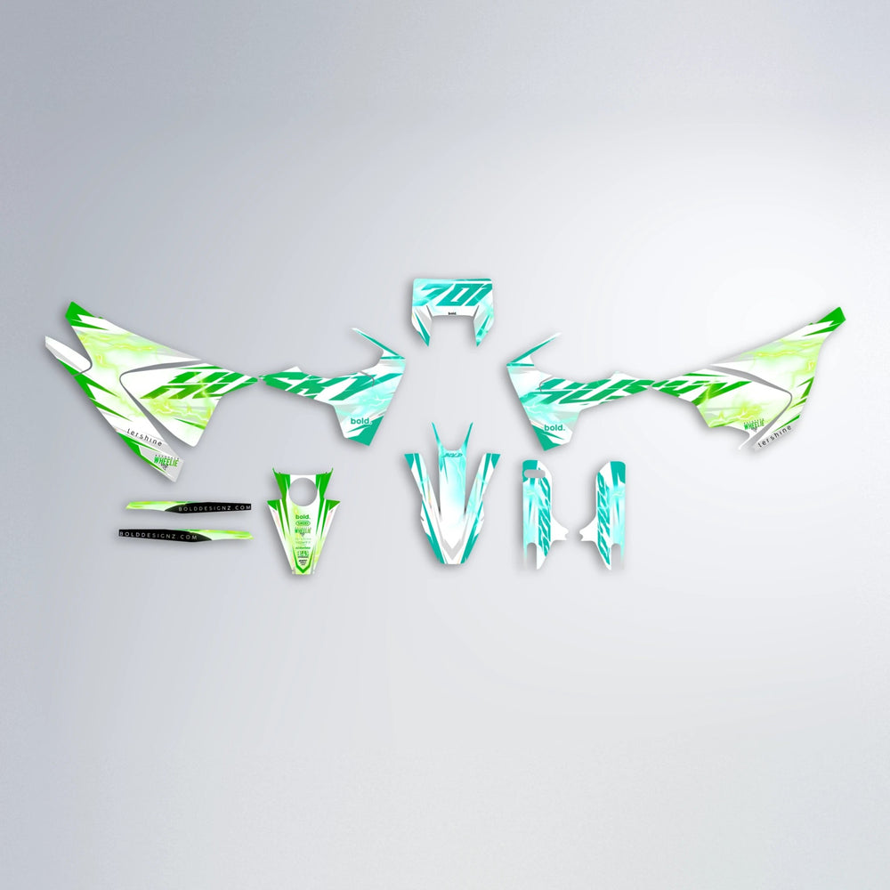 EKKE V2 Husqvarna 701 graphics kit parts layout in Cyan & Green