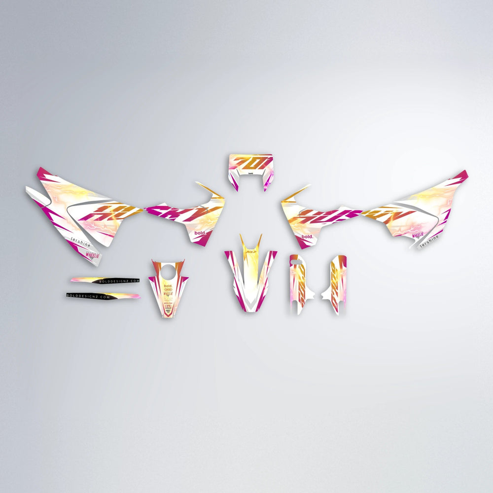 EKKE V2 Husqvarna 701 graphics kit parts layout in Pink & Yellow